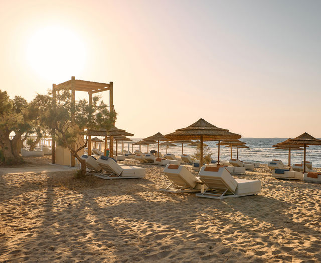 Sandy beach with arranged sunbeds on a sunny day by the sea