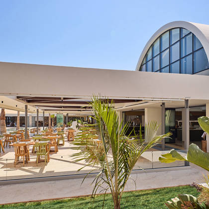 Side view of the Kosta Alimia's outdoor restaurant area