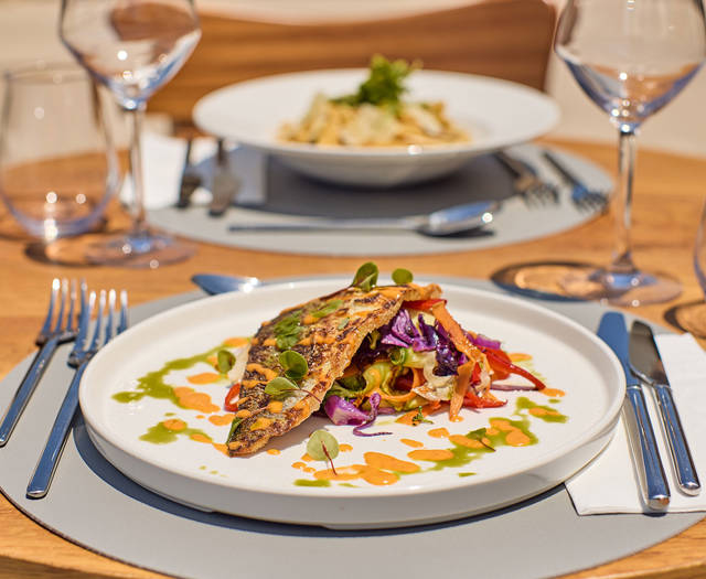 Grilled fish fillet served with colorful vegetables and artistic sauce presentation on a sunlit outdoor table