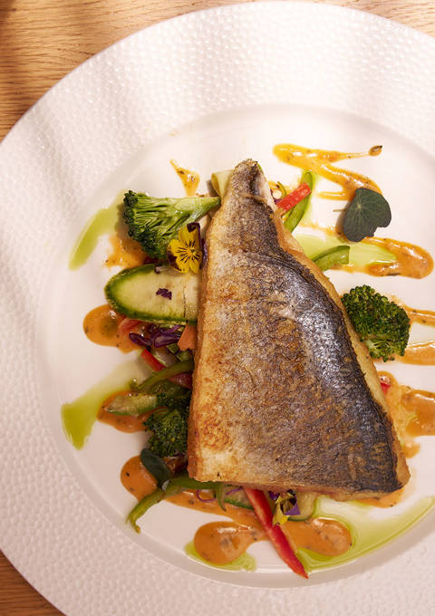 Seared fish fillet served over sautéed vegetables and drizzled with vibrant sauces on a white plate.