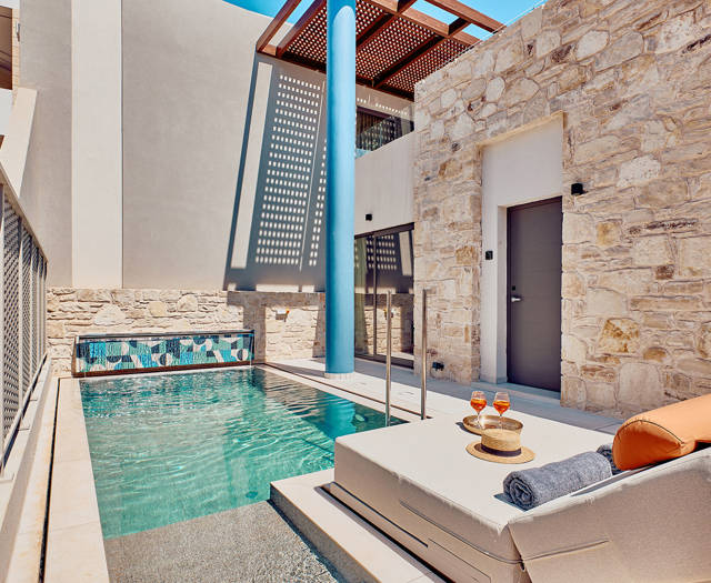 Private outdoor pool with sun loungers, refreshments, and surrounding privacy walls.