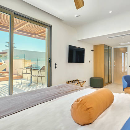 Rooftop room with double bed, flat-screen TV, and sliding doors opening to a private terrace with loungers.