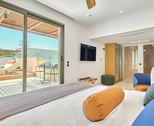 Rooftop room with double bed, flat-screen TV, and sliding doors opening to a private terrace with loungers.