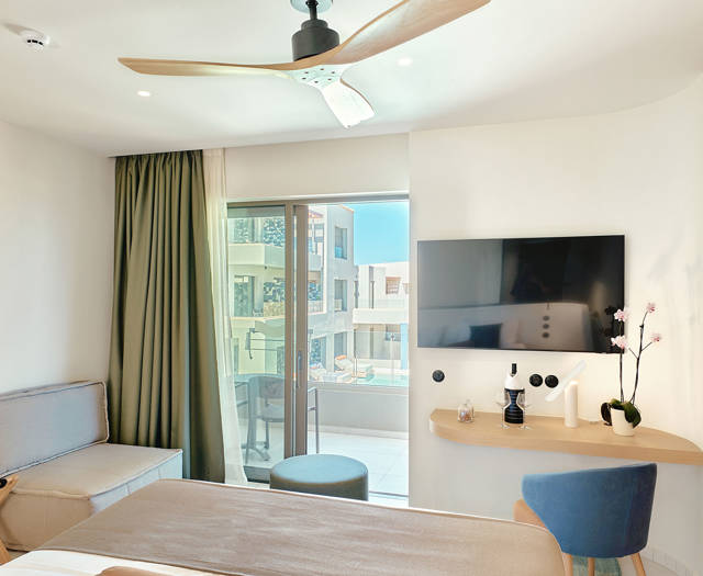 Garden-view double room with balcony access, wall-mounted TV, and cozy seating area