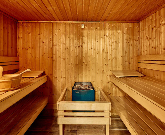 Traditional sauna room with wooden benches and a central heater.