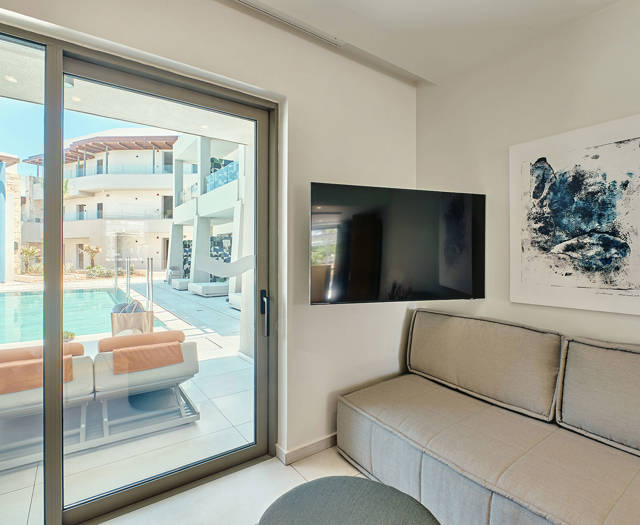 Cozy junior suite corner with a TV, sofa, and sliding door to the pool close up