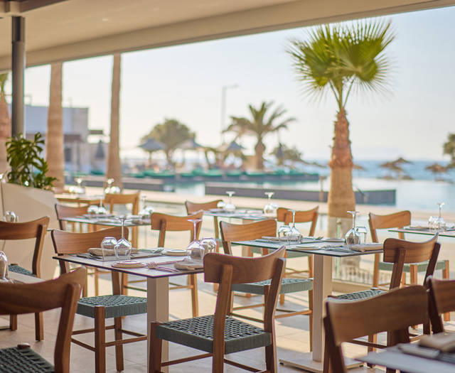 Seaside dining area with wooden chairs and glass tables overlooking palm trees and the beach.